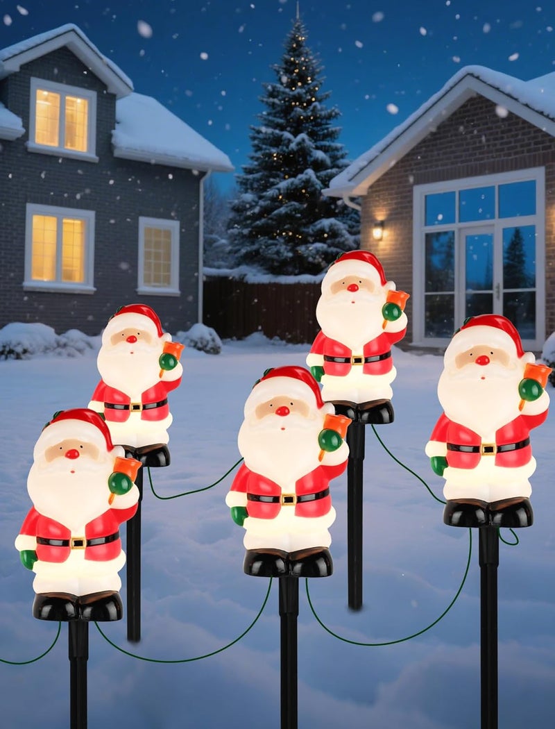 Adirxon 5-Pack Commercial-Grade Christmas Pathway Stakes - 15.98" Tall Santa Holding Bell Stake Lights with Heavy-Duty C7 LEDs, Waterproof for Pro-Level Yard Decor - Image 3